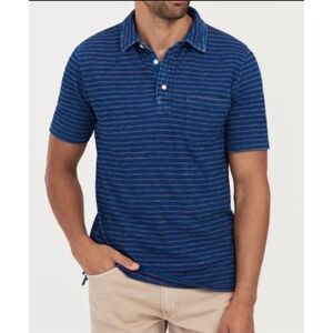 FAHERTY BRAND Mens Indigo Dyed Striped Polo Shirt Short Sleeve Pocket Size Small